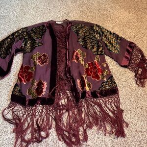TAN Silk Blend Floral Peacock Fringe Kimono - O/S